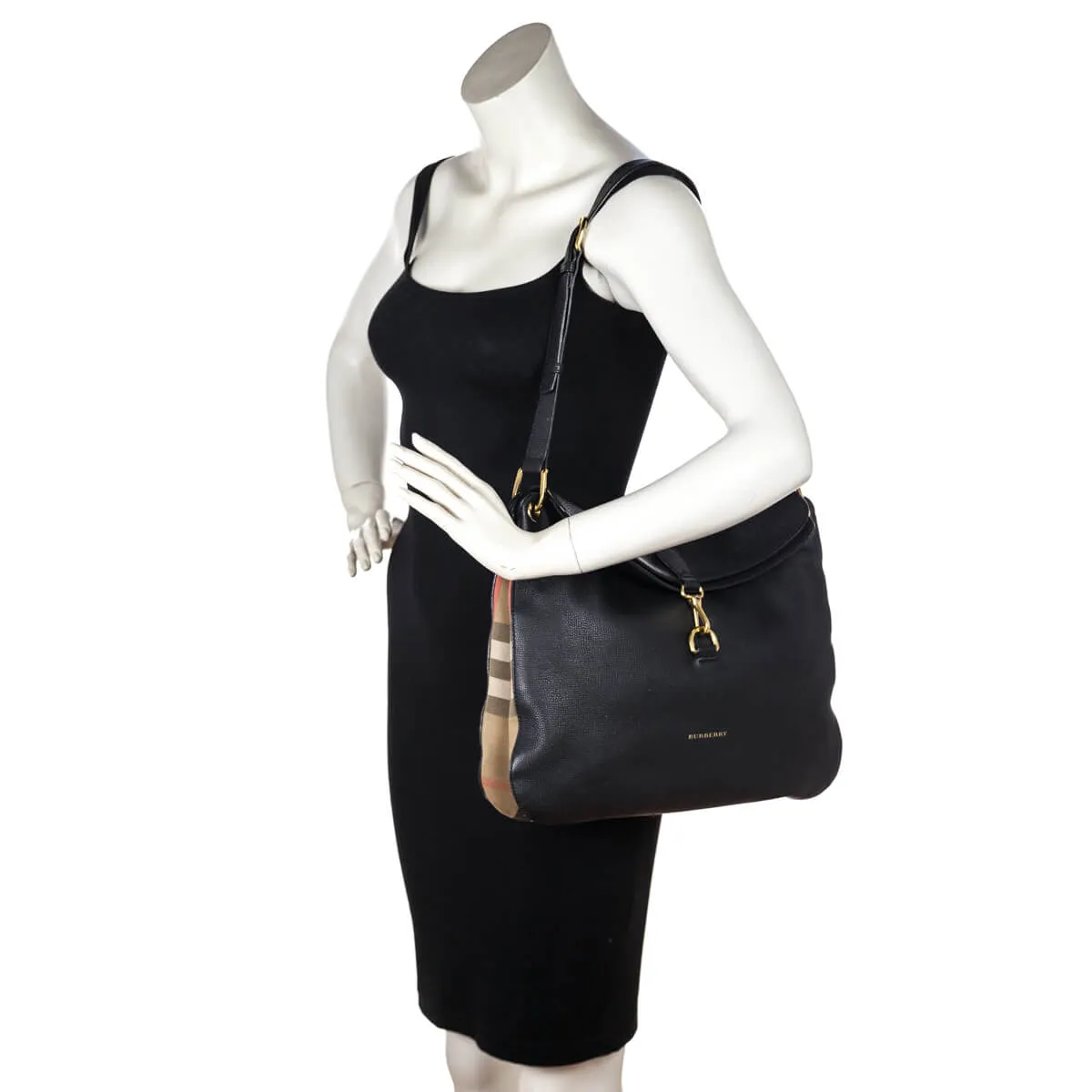 Burberry Black Leather & Check Cornwall Hobo Bag