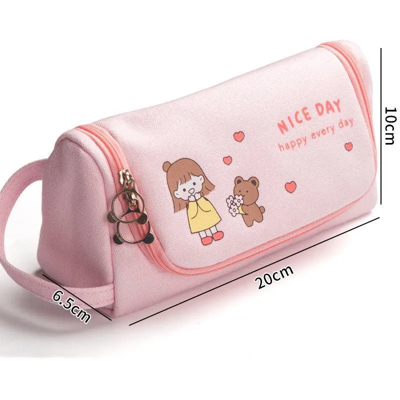 Canvas Pencil Case Large Capacity Simple Girl Japanese Cute Girl Heart Stationery Box Korean Pencil Case Multi-function