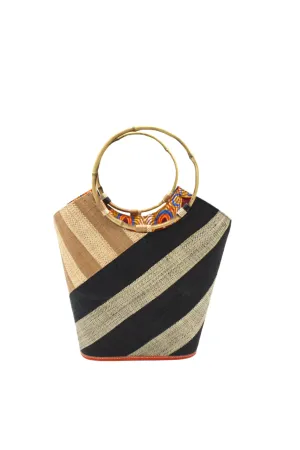 Carmen Double Wide Stripe Straw Bucket Bag with Bamboo Handle