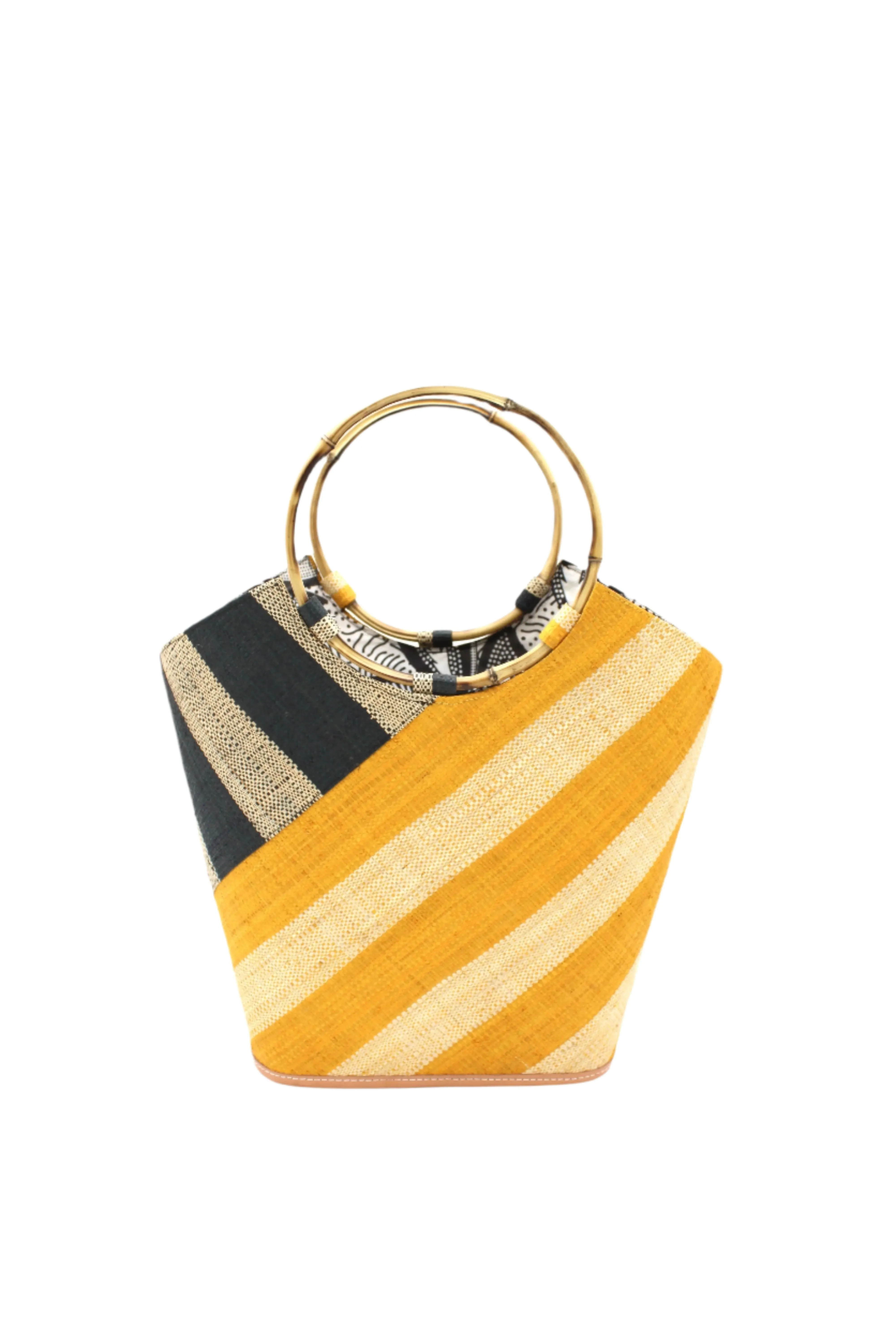 Carmen Double Wide Stripe Straw Bucket Bag with Bamboo Handle