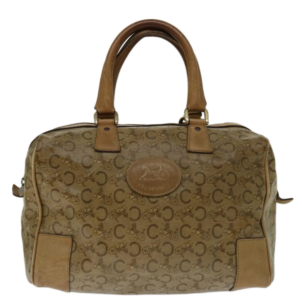CELINE C Macadam Canvas Boston Bag Beige Auth yk11254