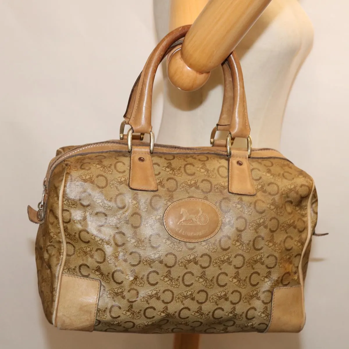 CELINE C Macadam Canvas Boston Bag Beige Auth yk11254