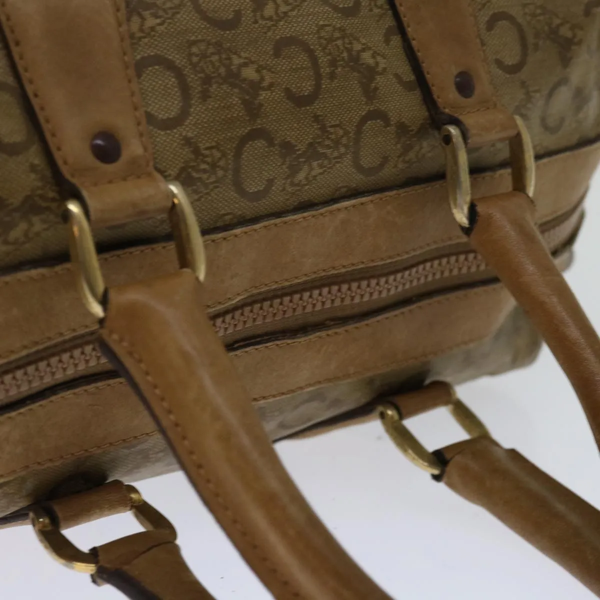 CELINE C Macadam Canvas Boston Bag Beige Auth yk11254