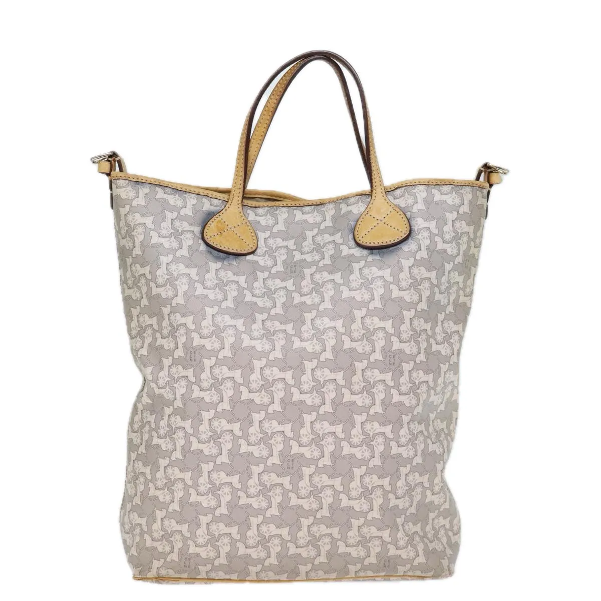 CELINE Horse Carriage Macadam Canvas Tote Bag PVC Leather 2way Gray Auth 73244