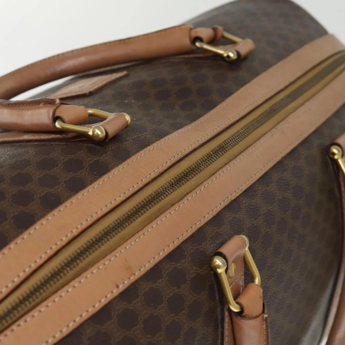 CELINE Macadam Canvas Boston Bag PVC Leather Brown Auth 76024