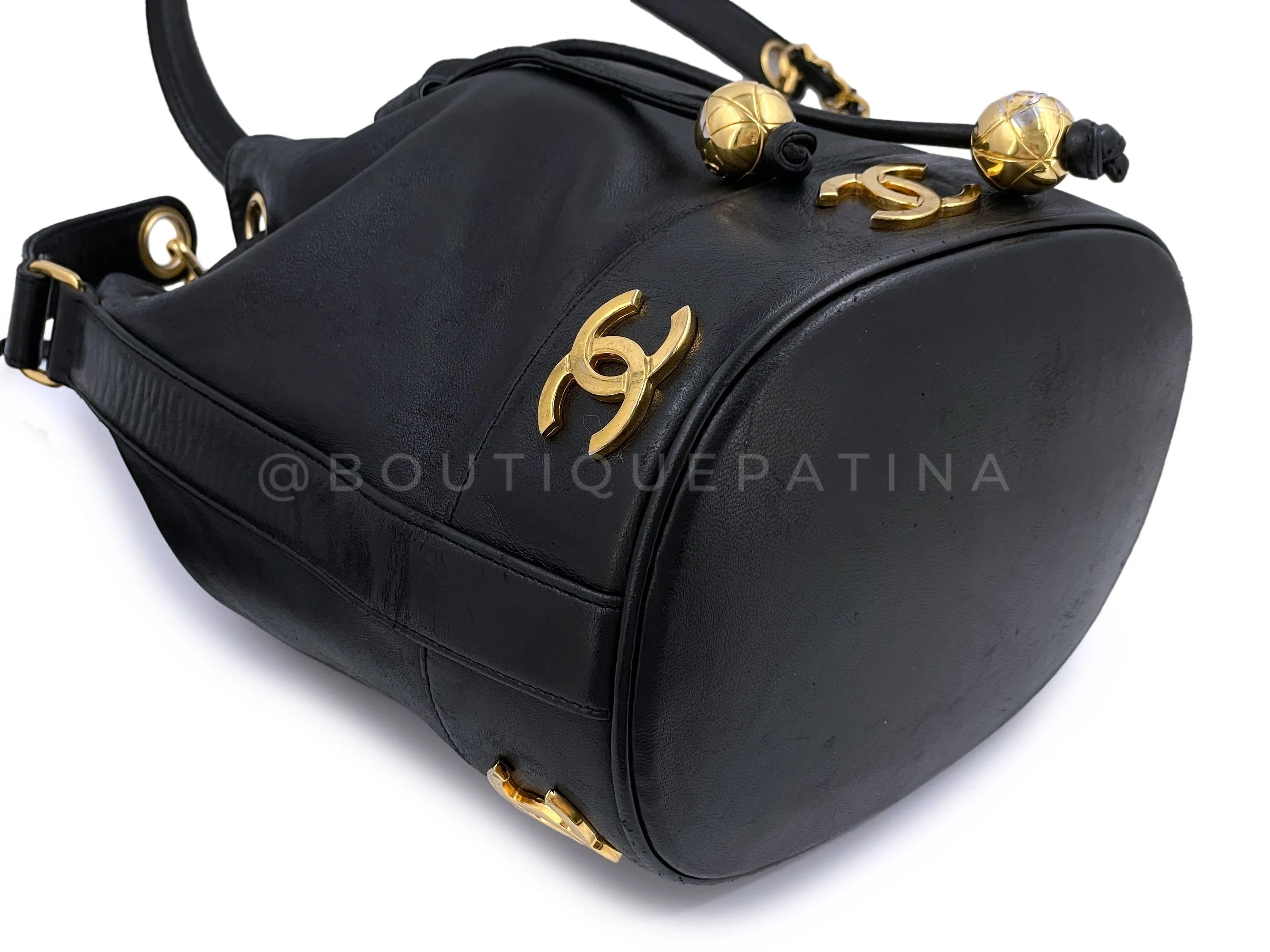 Chanel 1992 Vintage Small Drawstring Bucket Bag Black Lambskin 24k GHW