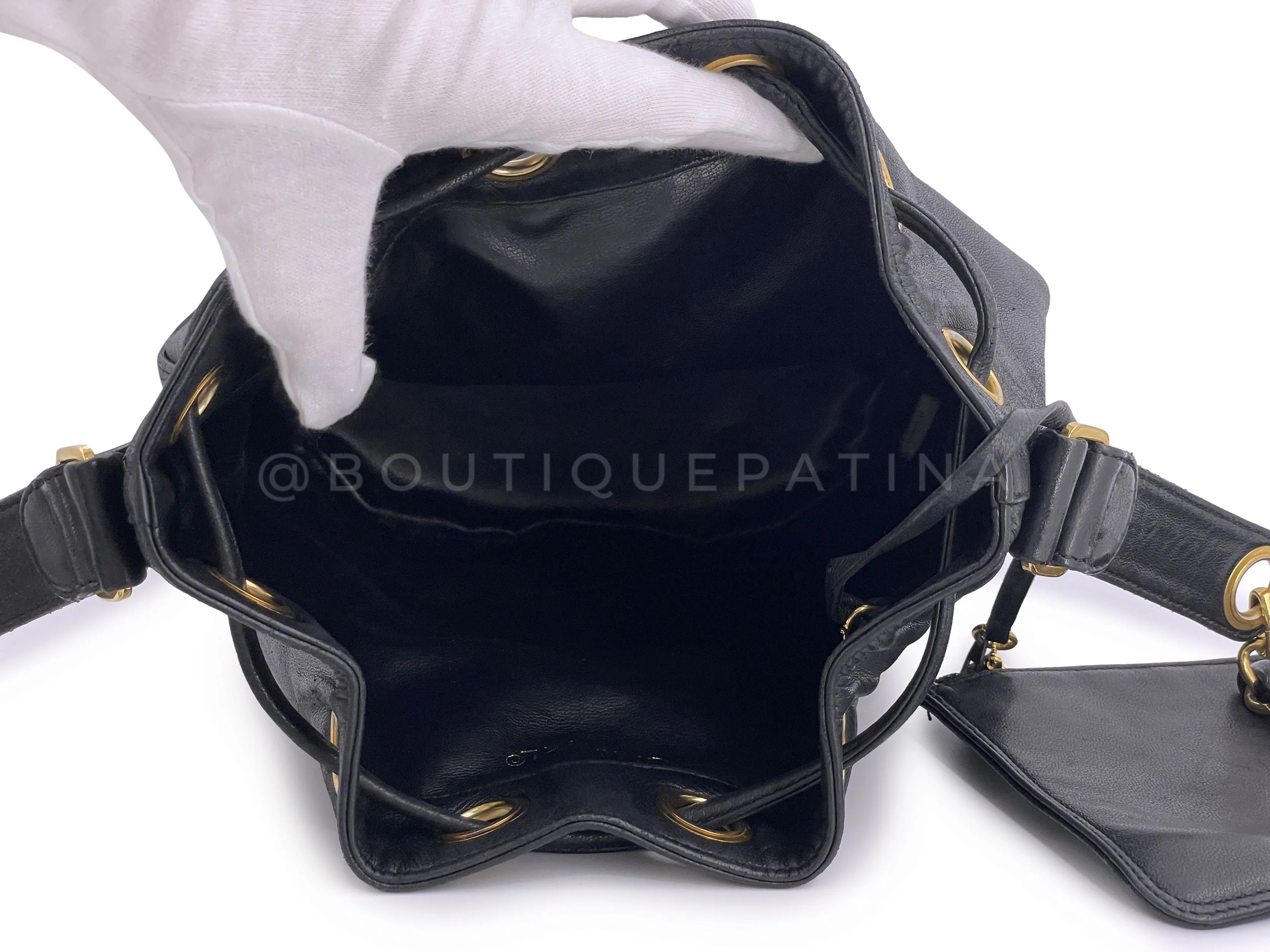 Chanel 1992 Vintage Small Drawstring Bucket Bag Black Lambskin 24k GHW