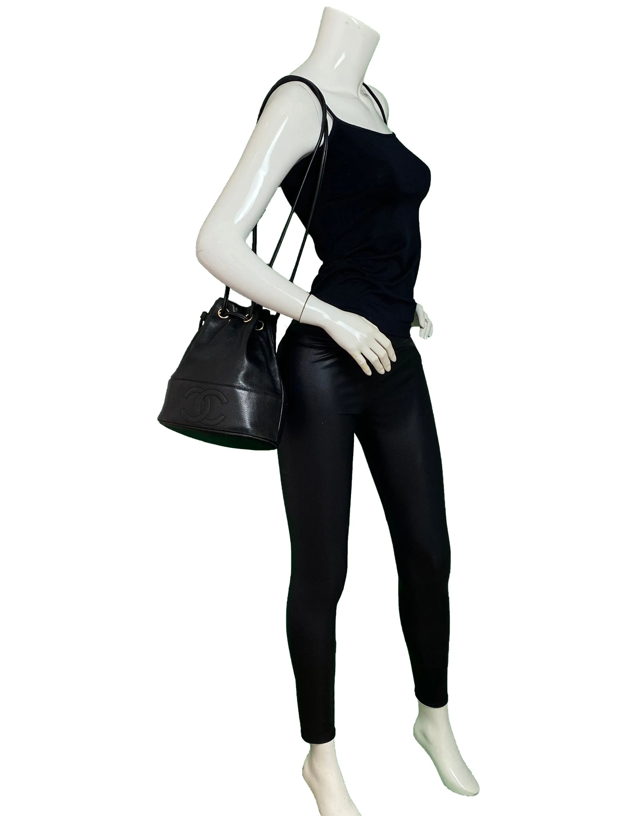 Chanel Black Caviar Leather CC Vintage Bucket Bag