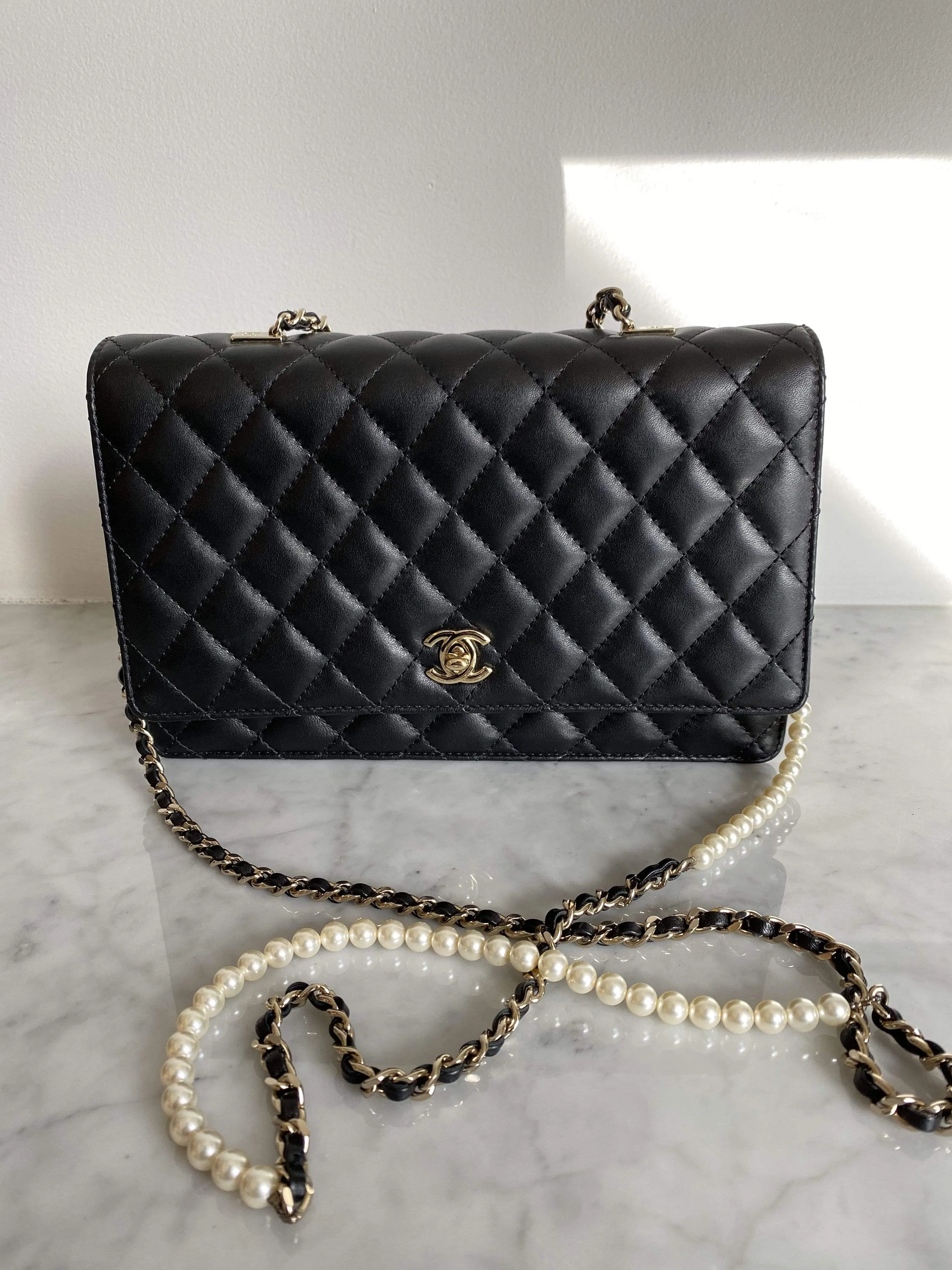 Chanel Black Lambskin Flap bag Pearl Chain