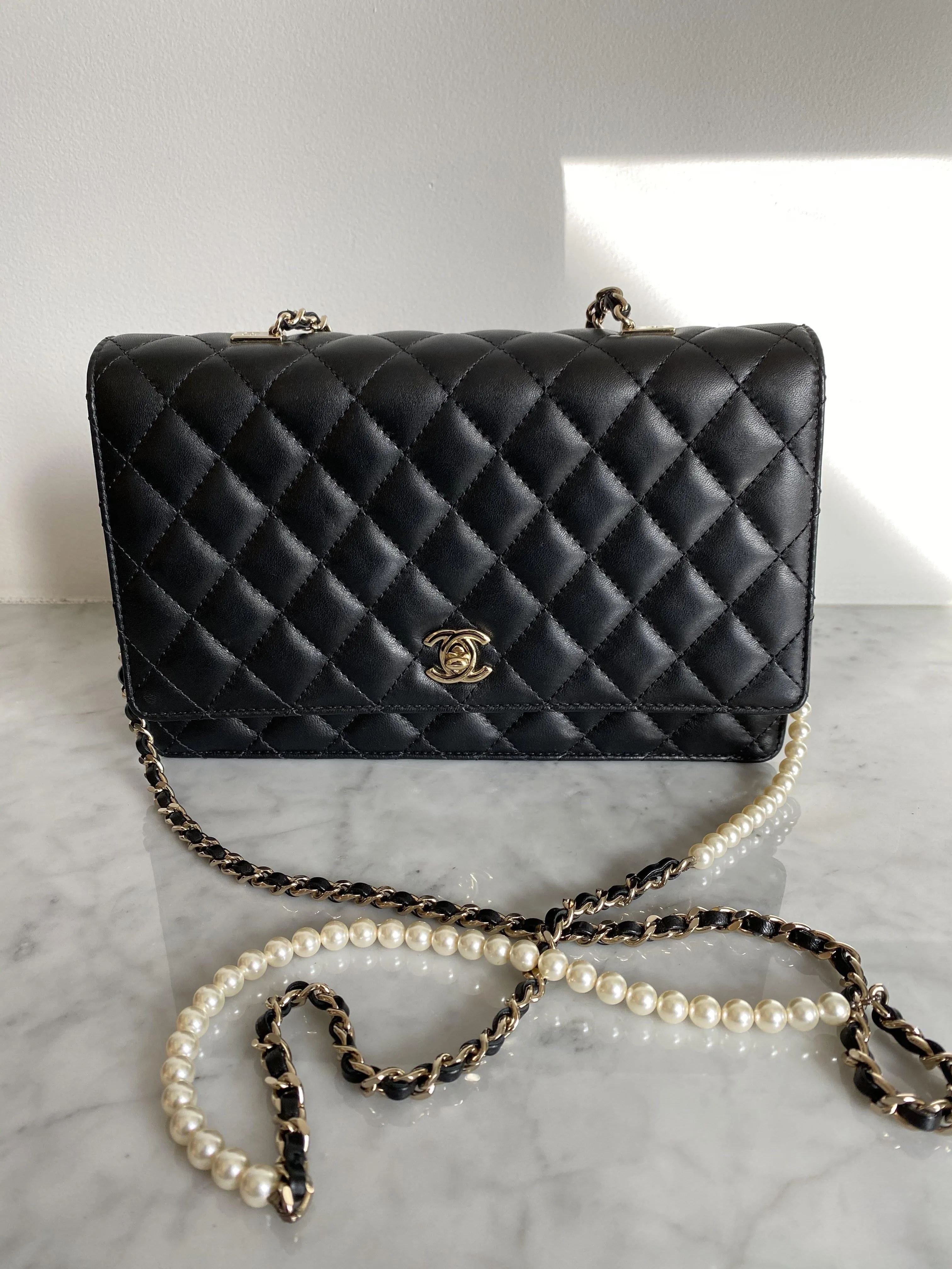 Chanel Black Lambskin Flap bag Pearl Chain