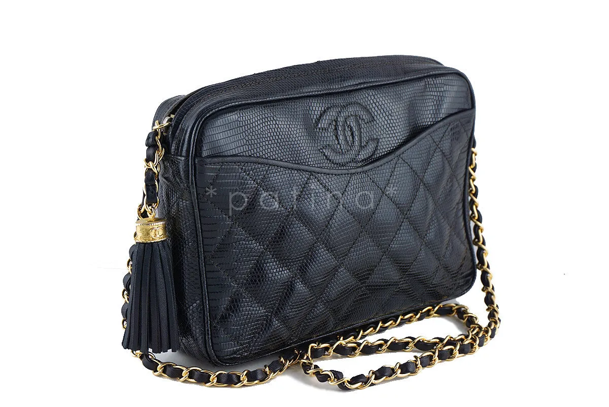 Chanel Black Lizard Classic Quilted Camera Case Bag