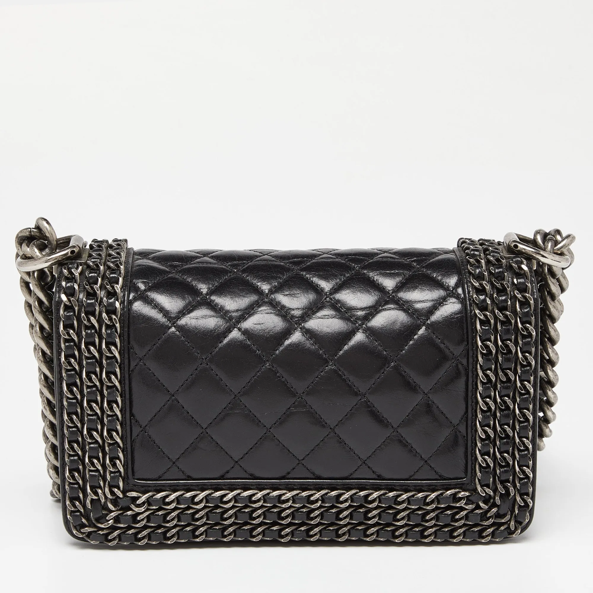 CHANEL Black Quilted Leather Small Boy Chained Flap Bag