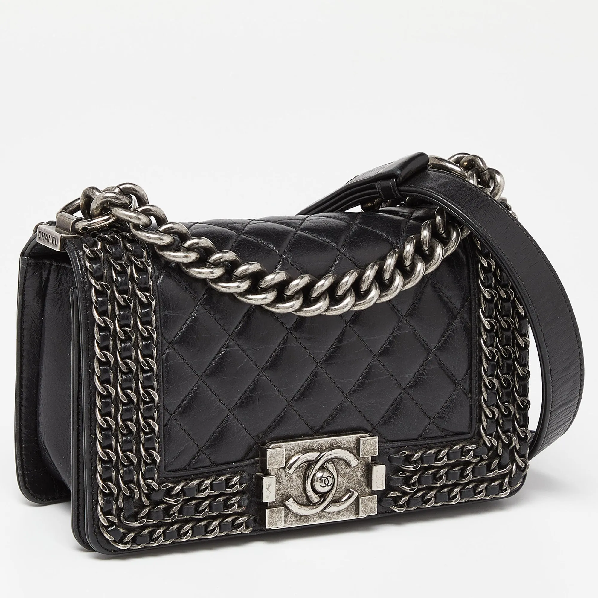 CHANEL Black Quilted Leather Small Boy Chained Flap Bag