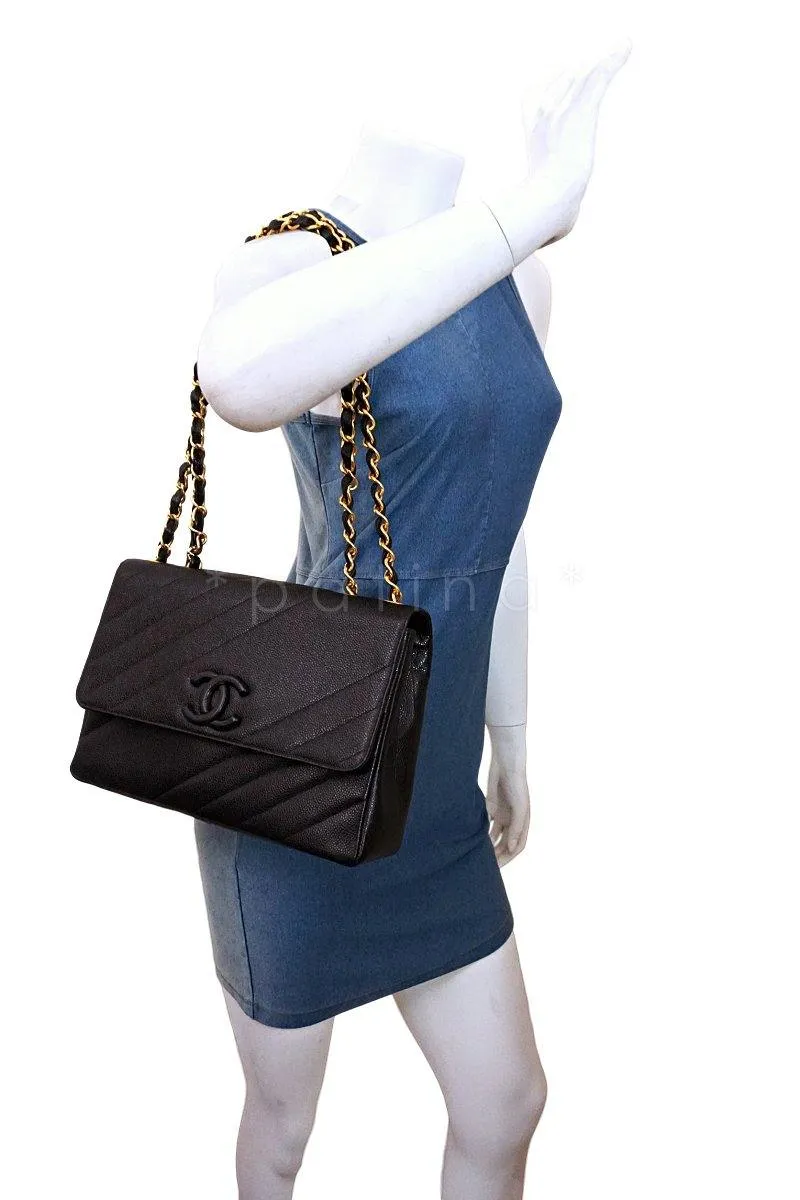 Chanel Black Quilted Vintage Caviar Logo Jumbo Flap Bag 24K GHW