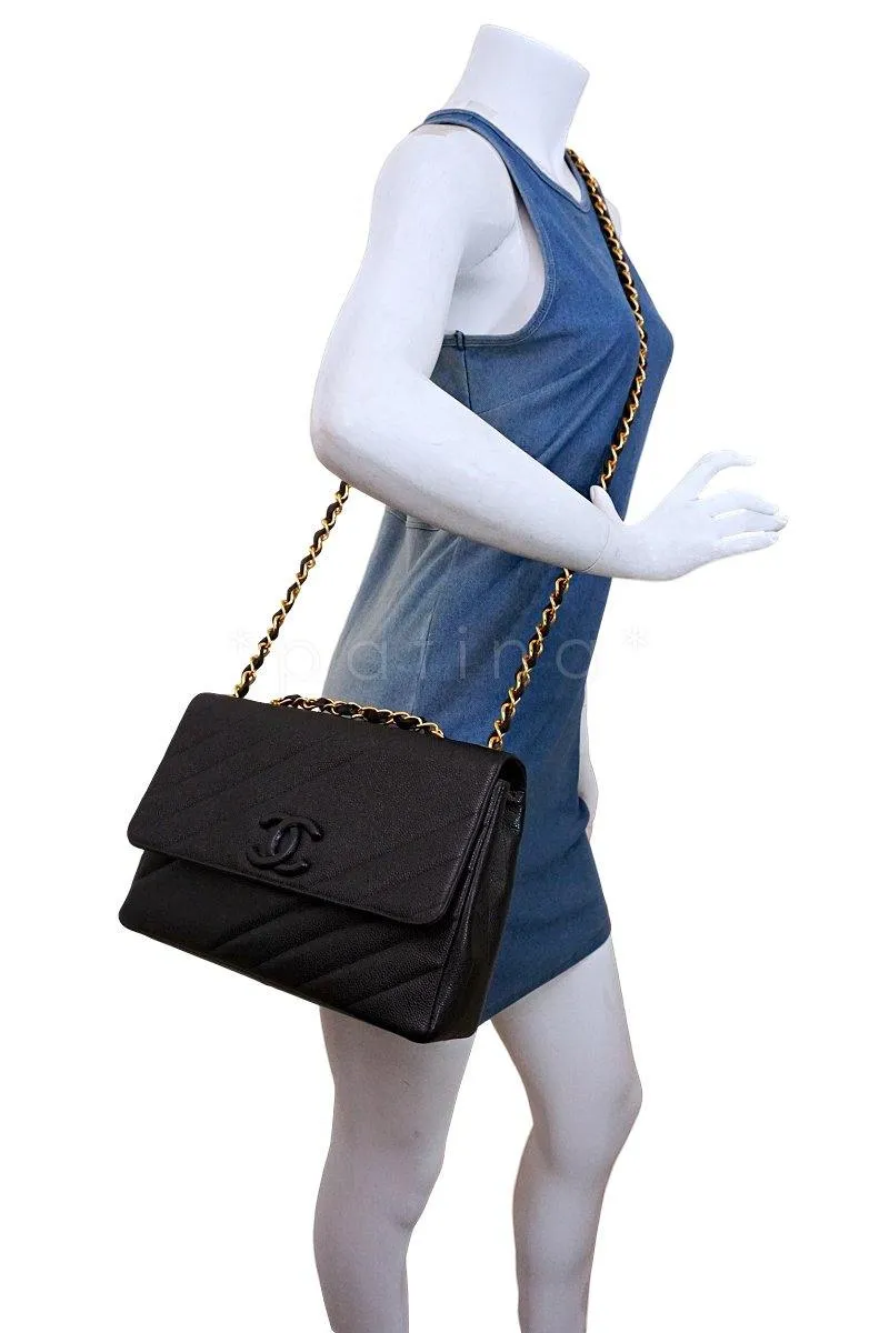 Chanel Black Quilted Vintage Caviar Logo Jumbo Flap Bag 24K GHW