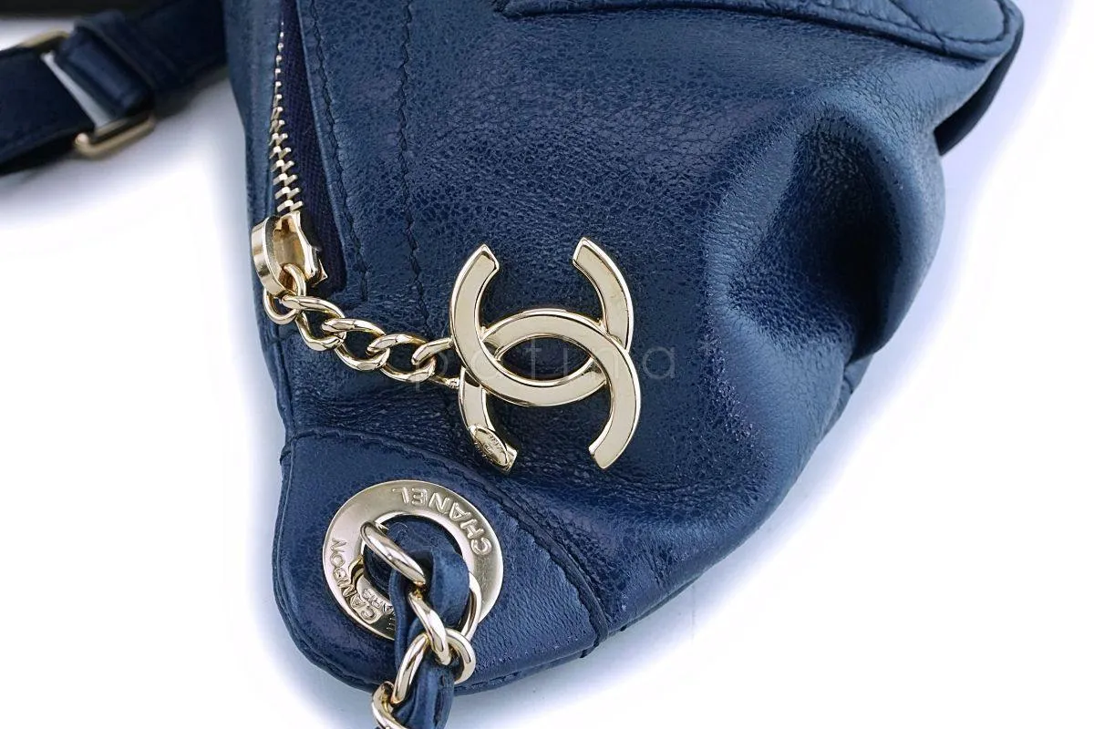 Chanel Blue Glazed Calfskin "Pocket" Banane Fanny Pack Belt Waist Bag GHW
