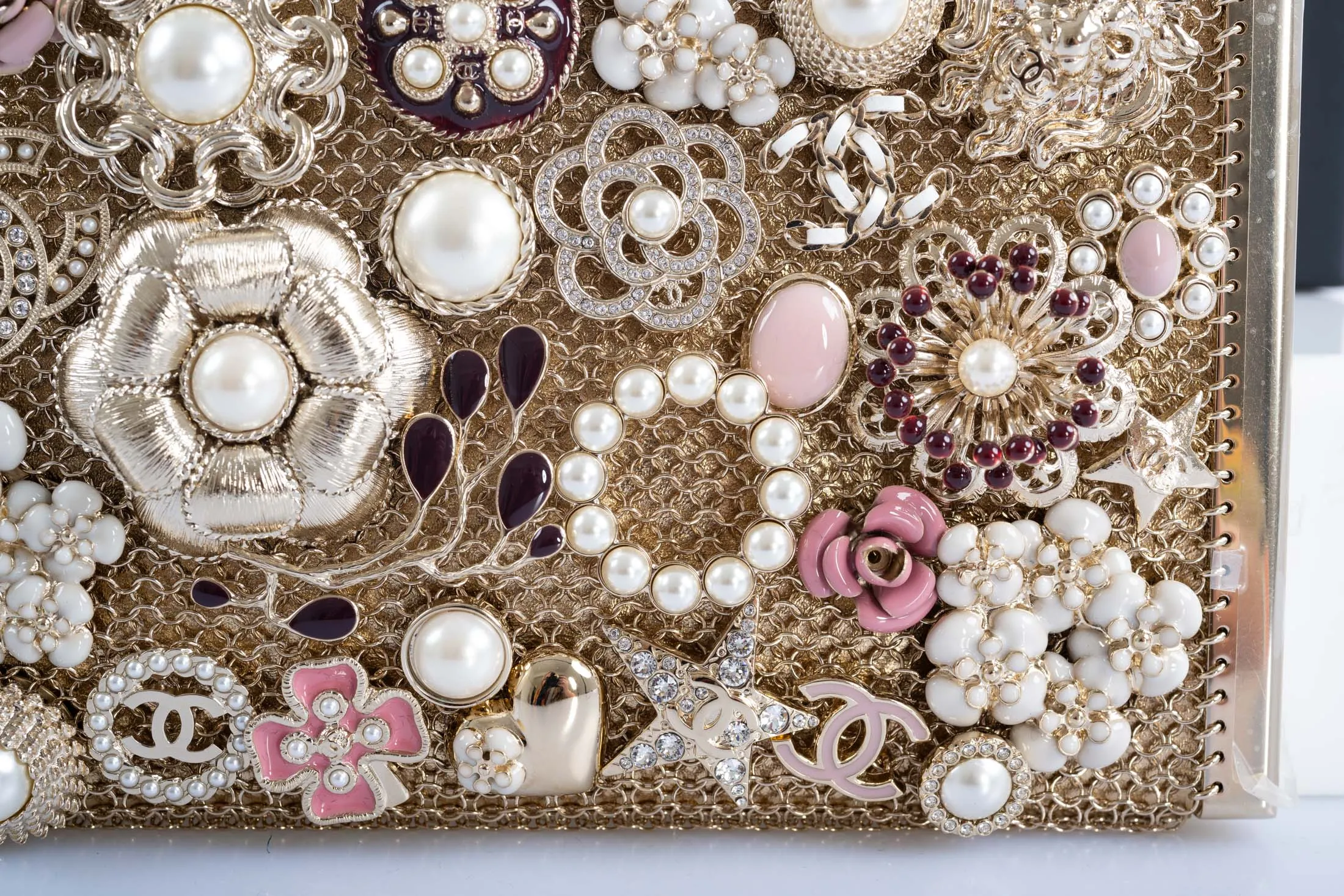 Chanel CC Camellia Charm Bag Pearls and Pink Enamel with Gold Hardware