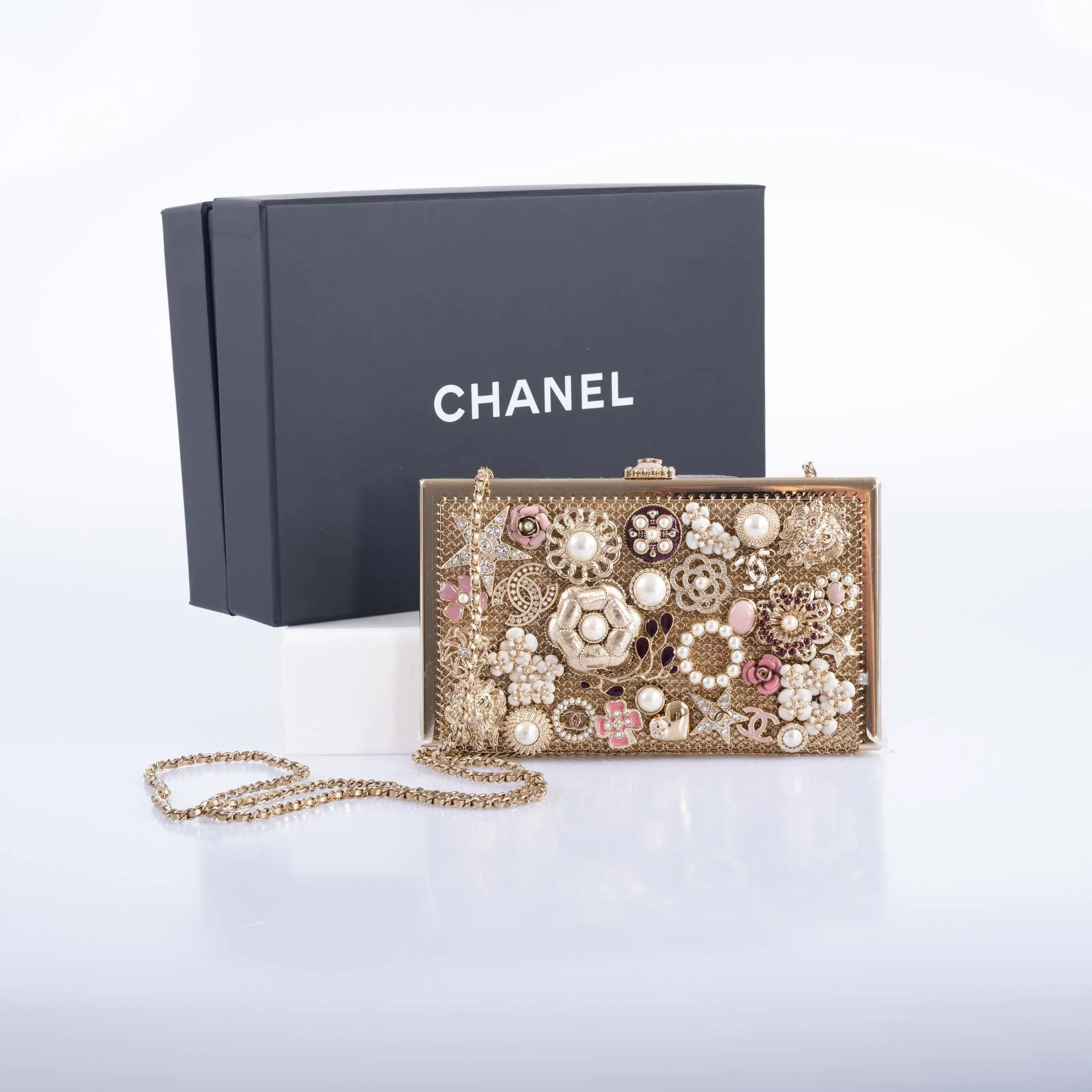 Chanel CC Camellia Charm Bag Pearls and Pink Enamel with Gold Hardware