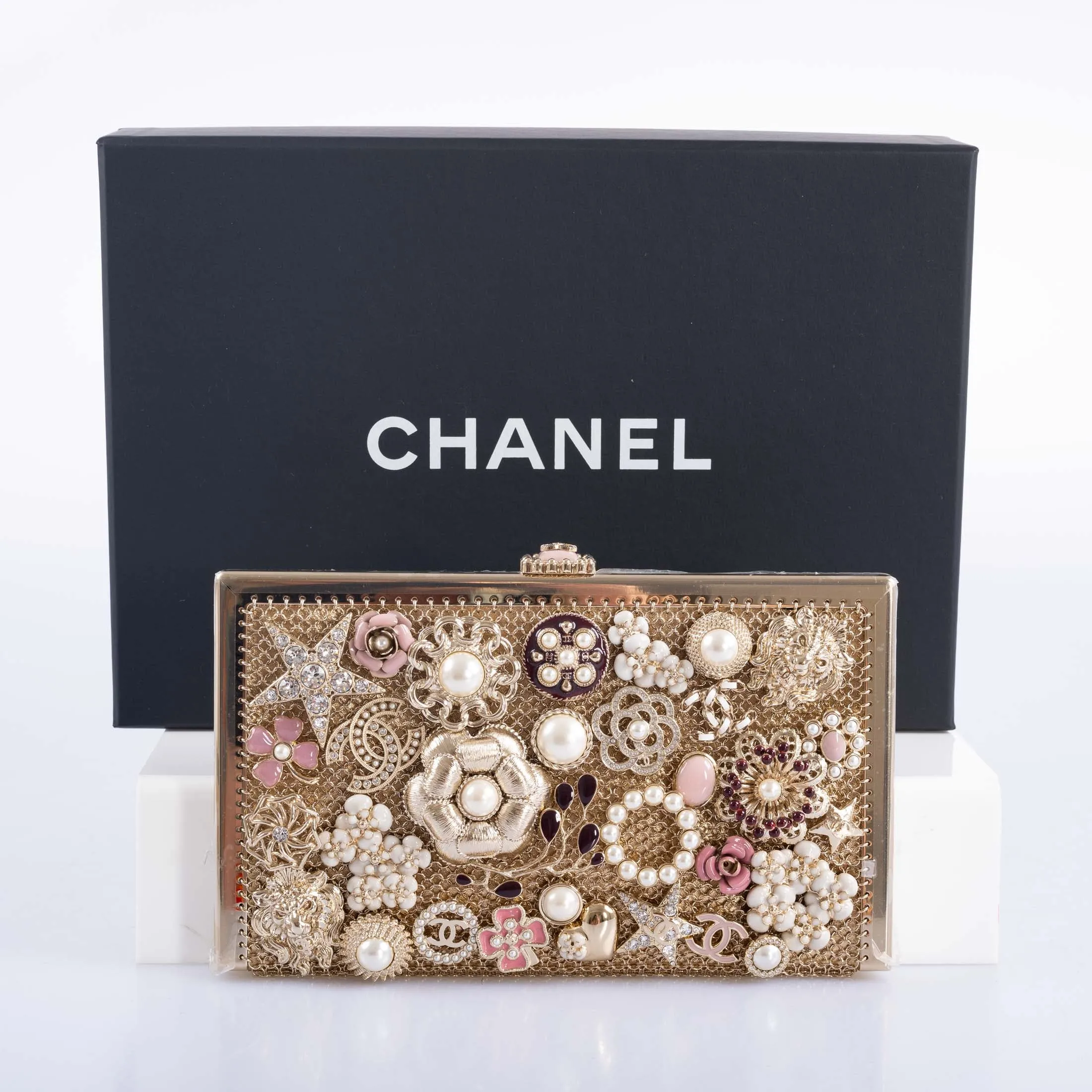 Chanel CC Camellia Charm Bag Pearls and Pink Enamel with Gold Hardware