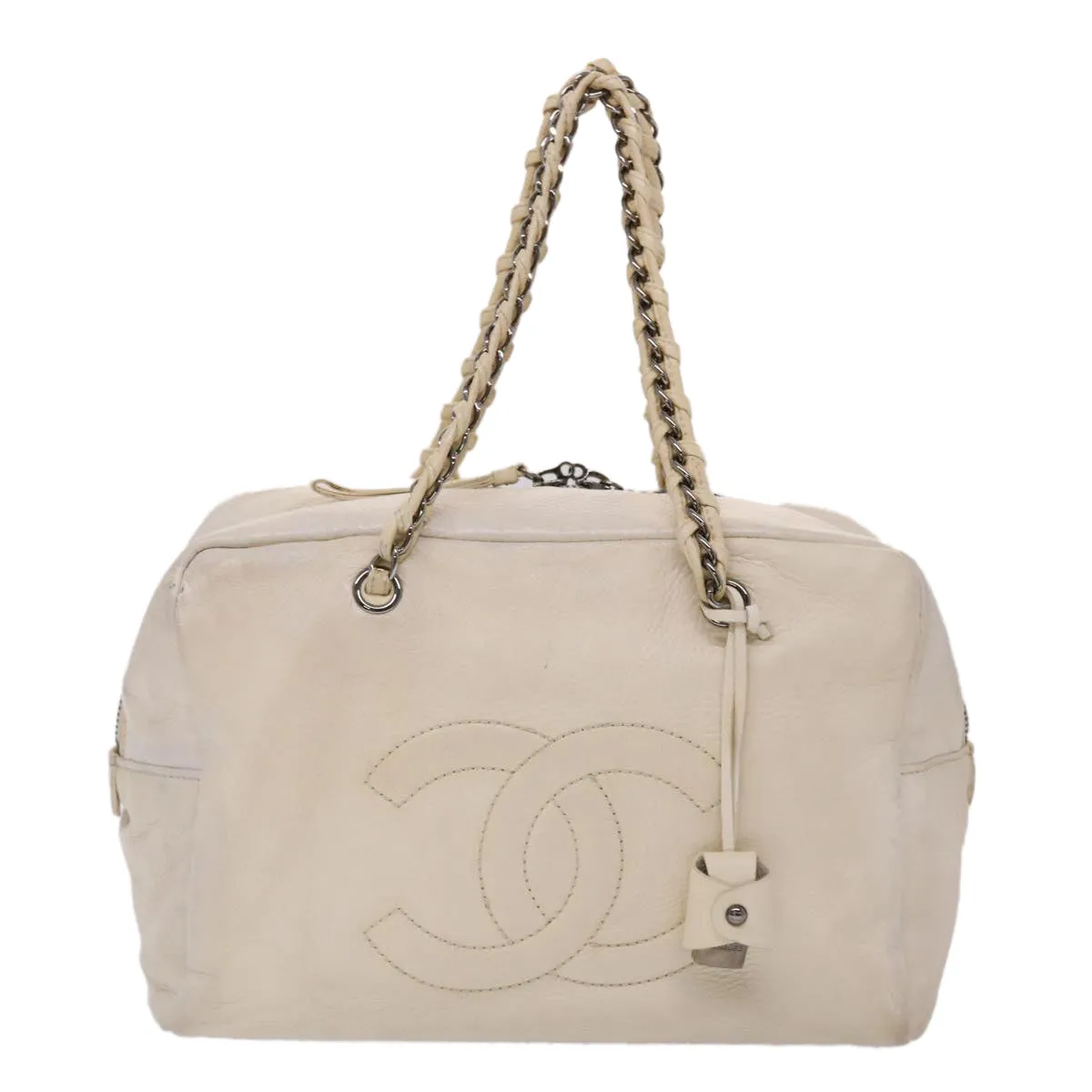 Chanel Chain Boston Bag Leather White CC  bs6591