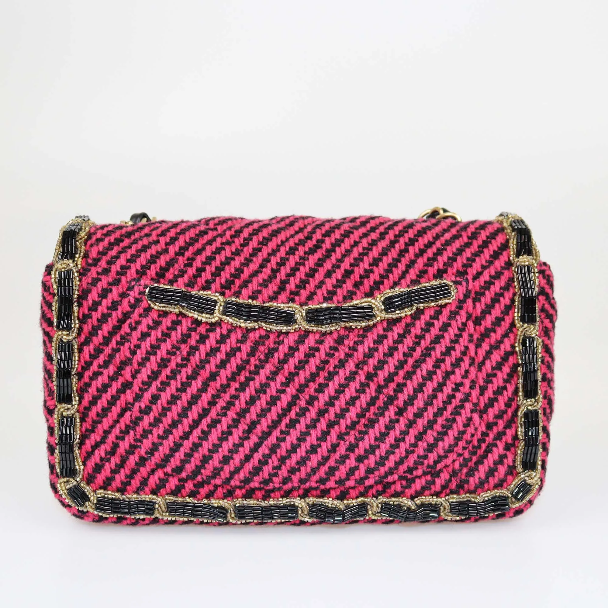 Chanel Magenta Quilted New Mini Tweed Beads Embellished Classic Flap Bag