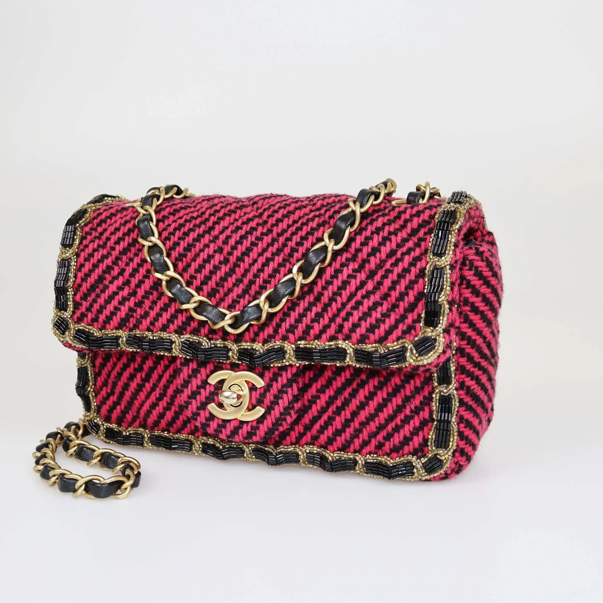 Chanel Magenta Quilted New Mini Tweed Beads Embellished Classic Flap Bag