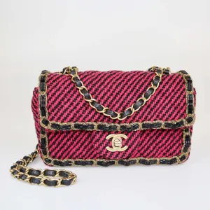 Chanel Magenta Quilted New Mini Tweed Beads Embellished Classic Flap Bag