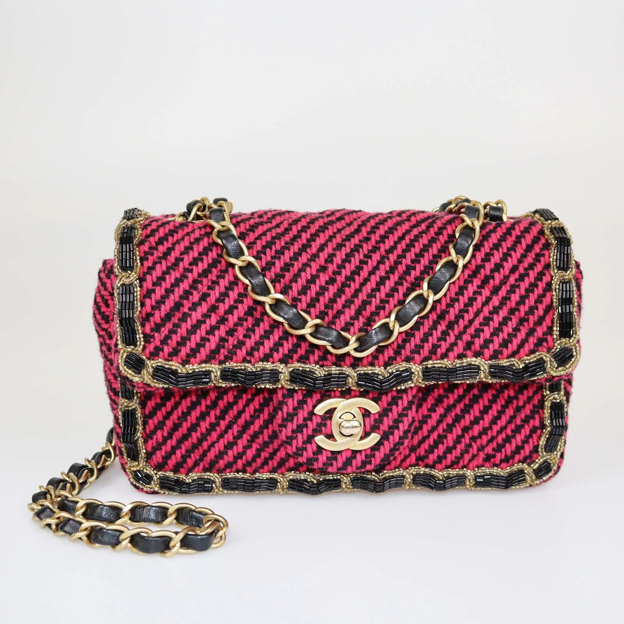 Chanel Magenta Quilted New Mini Tweed Beads Embellished Classic Flap Bag