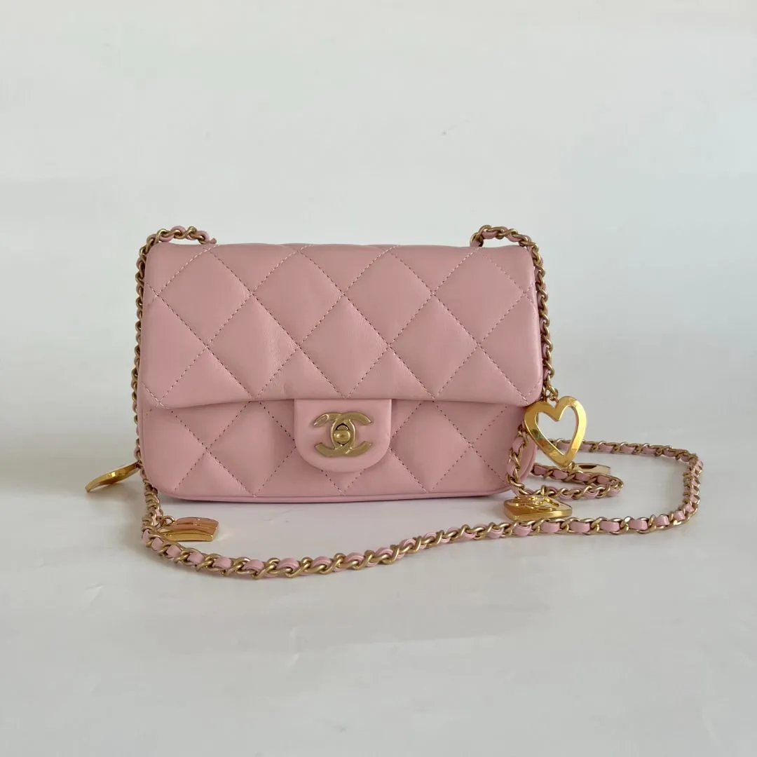 Chanel Pink Leather Classic Quilted Heart Charm Flap Bag