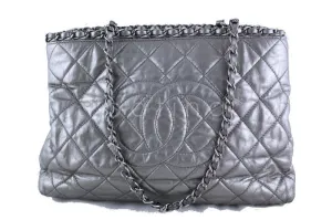 Chanel Silver/Pewter Quilted Timeless Chain Around Grand Shopping Tote GST Bag
