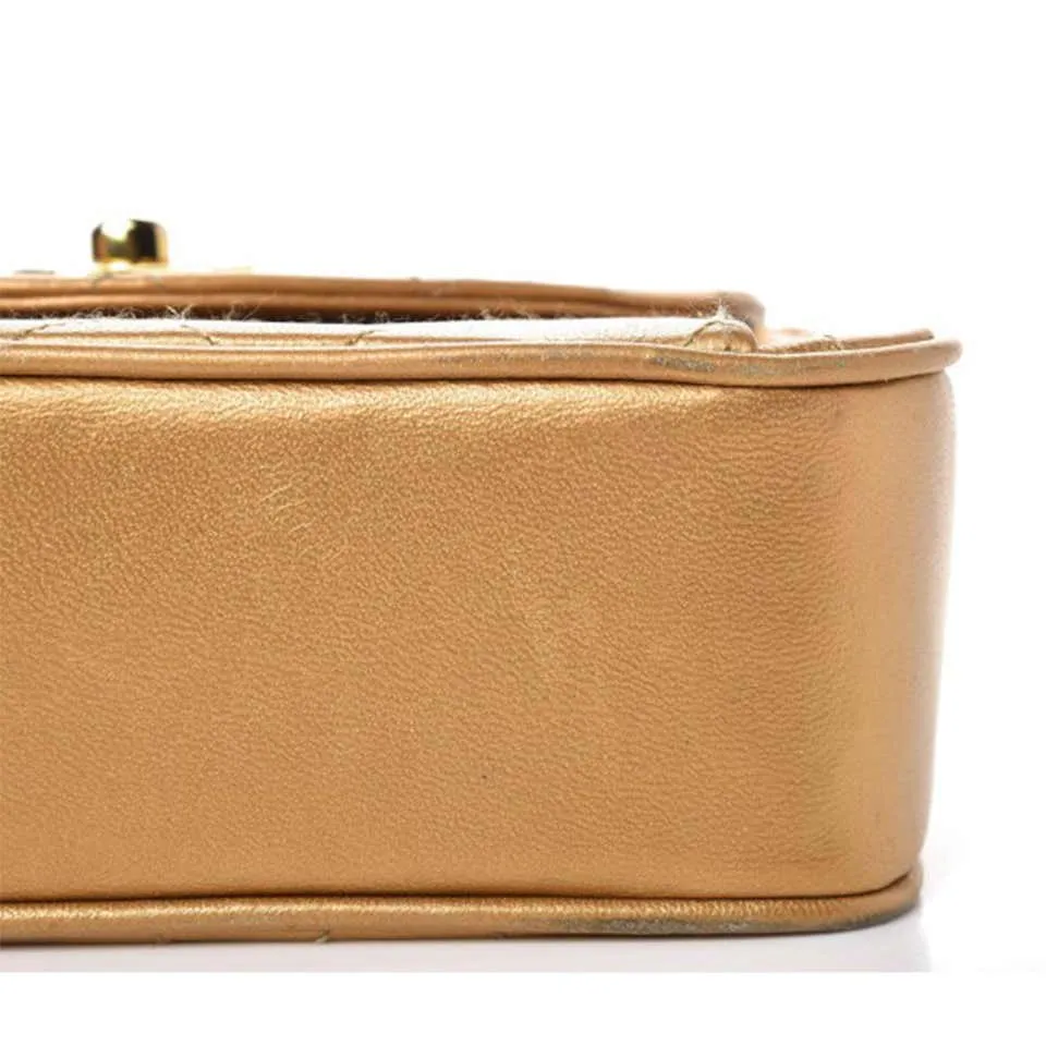 Chanel Vintage 90's Metallic Lambskin Mini Quilted Flap Gold Cross Body Bag
