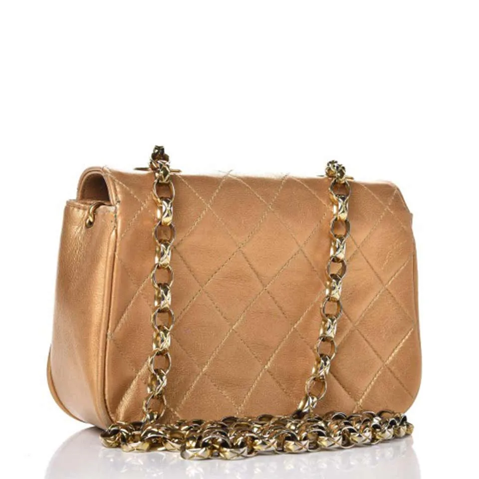 Chanel Vintage 90's Metallic Lambskin Mini Quilted Flap Gold Cross Body Bag