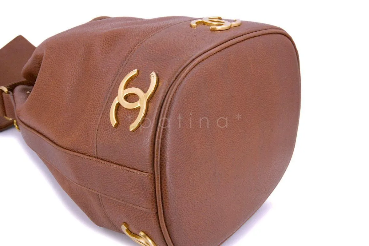 Chanel Vintage Caramel Beige Brown Caviar Bucket Drawstring Bag 24k GHW