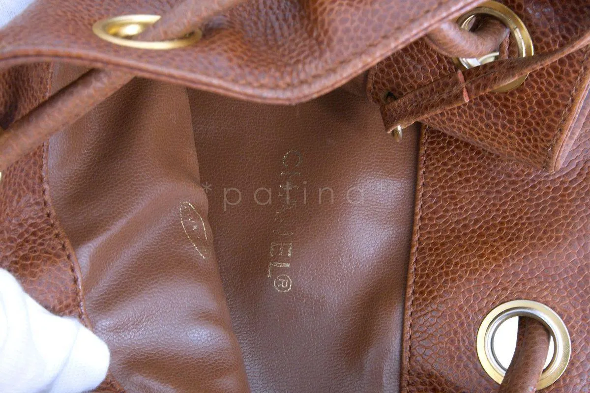 Chanel Vintage Caramel Beige Brown Caviar Bucket Drawstring Bag 24k GHW