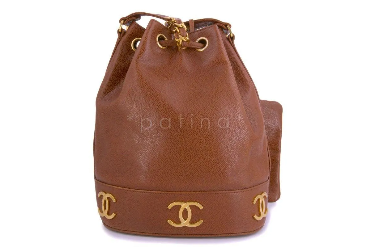 Chanel Vintage Caramel Beige Brown Caviar Bucket Drawstring Bag 24k GHW