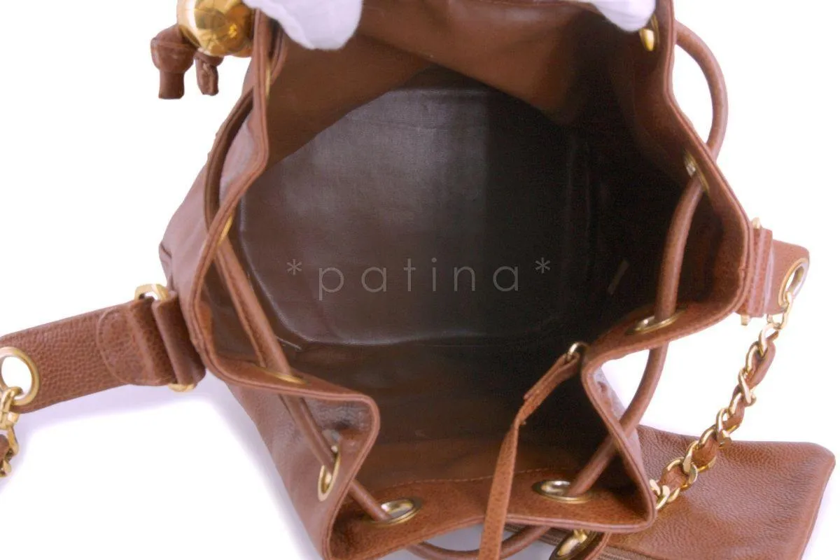 Chanel Vintage Caramel Beige Brown Caviar Bucket Drawstring Bag 24k GHW