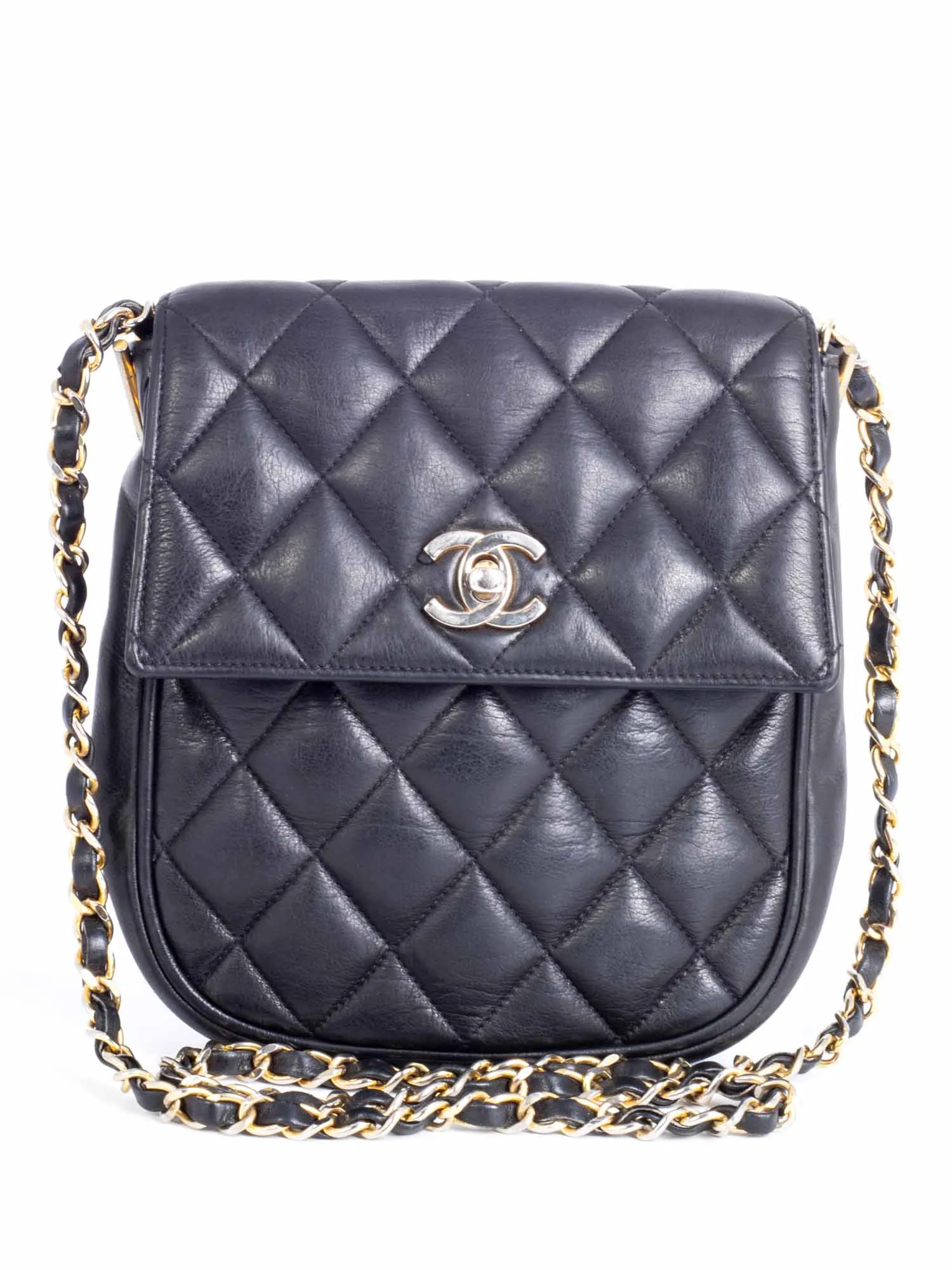 CHANEL Vintage CC Logo Quilted Leather Flap Messenger Bag Black