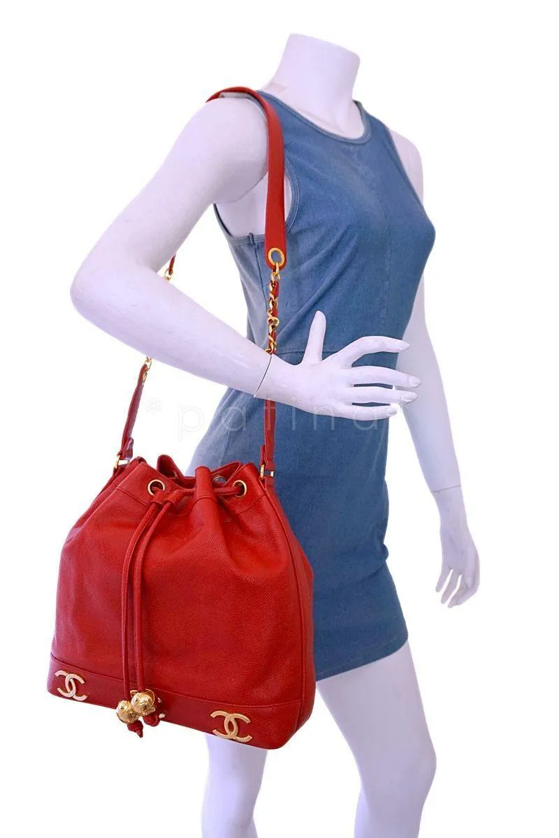 Chanel Vintage Red Caviar CC Drawstring Bucket Bag 24k GHW
