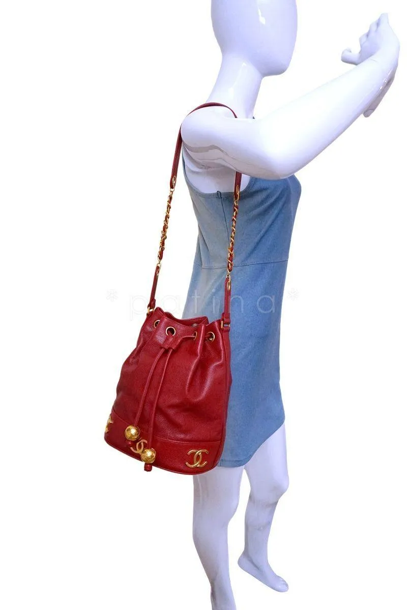 Chanel Vintage Red Caviar Drawstring Bucket Bag 24k GHW
