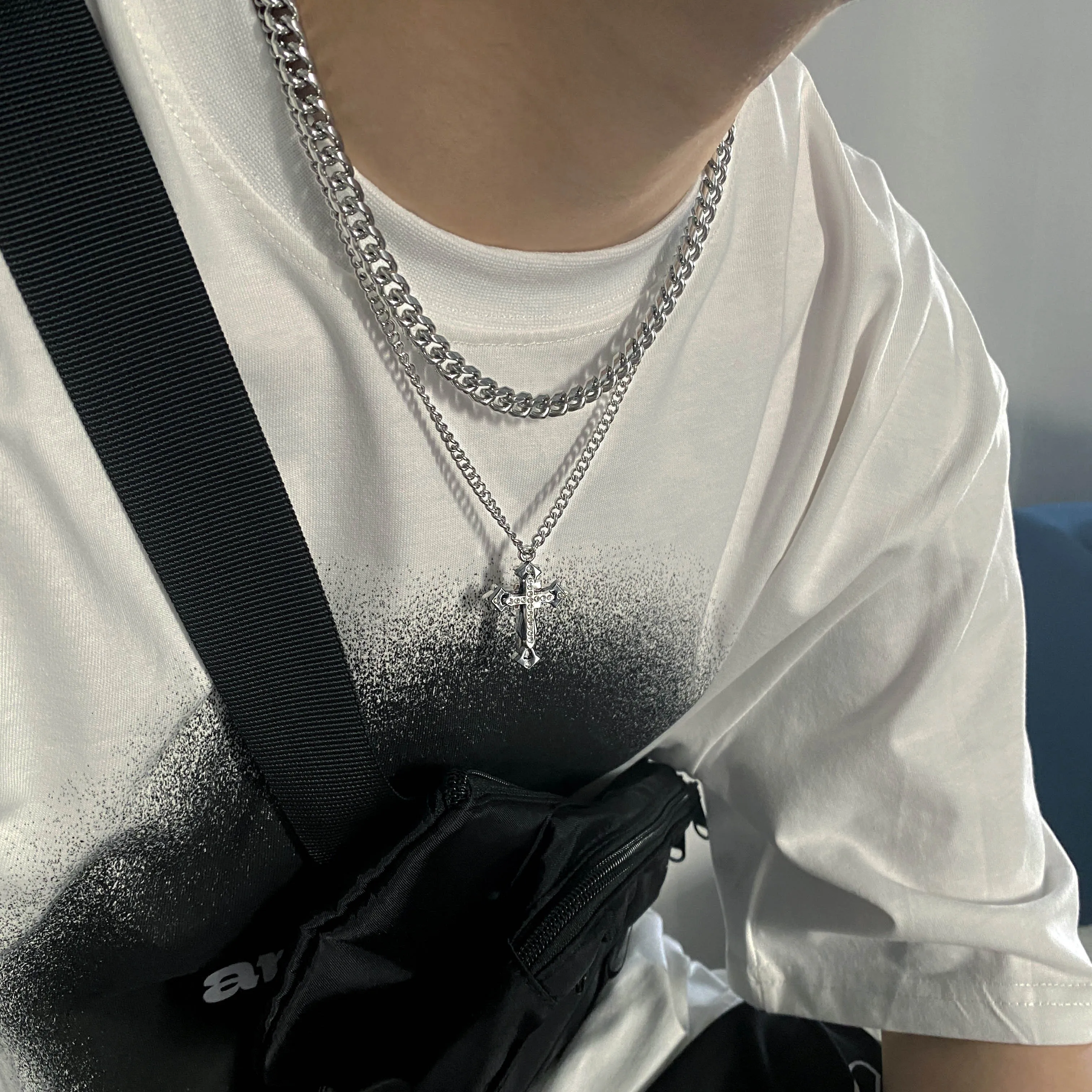 Chicmy-Korean style, Korean men's outfit, minimalist style, street fashionDOUBLE CHAIN CROSS CHAIN NECKLACE
