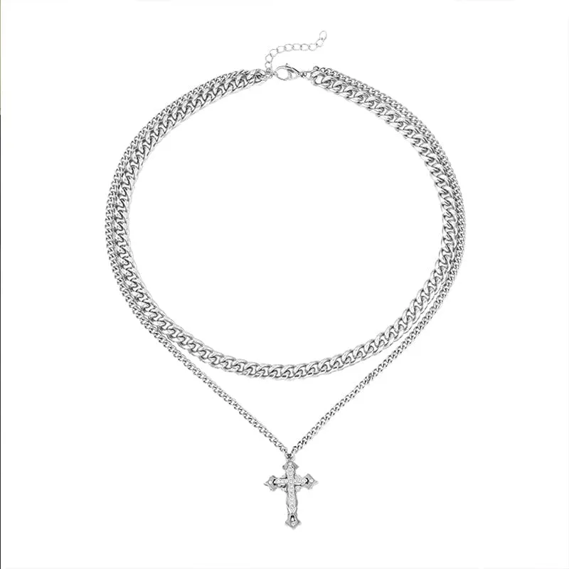 Chicmy-Korean style, Korean men's outfit, minimalist style, street fashionDOUBLE CHAIN CROSS CHAIN NECKLACE