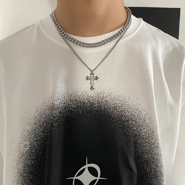 Chicmy-Korean style, Korean men's outfit, minimalist style, street fashionDOUBLE CHAIN CROSS CHAIN NECKLACE