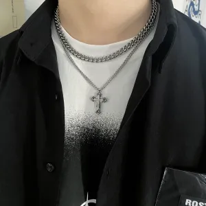 Chicmy-Korean style, Korean men's outfit, minimalist style, street fashionDOUBLE CHAIN CROSS CHAIN NECKLACE