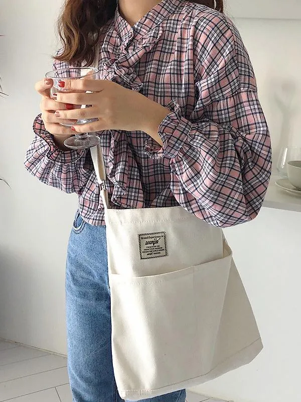 Chicmy-Simple Solid Color With-pockets Canvas Handbag
