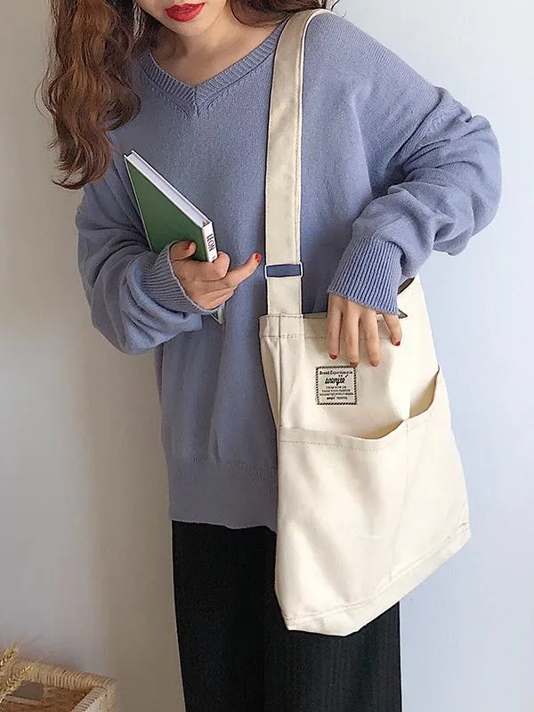 Chicmy-Simple Solid Color With-pockets Canvas Handbag