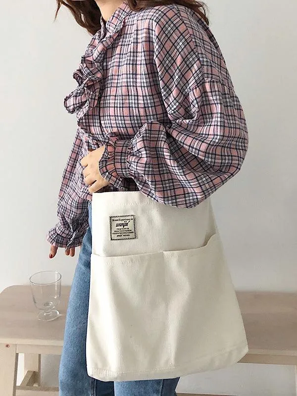 Chicmy-Simple Solid Color With-pockets Canvas Handbag