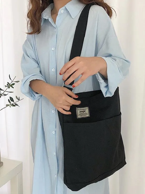 Chicmy-Simple Solid Color With-pockets Canvas Handbag