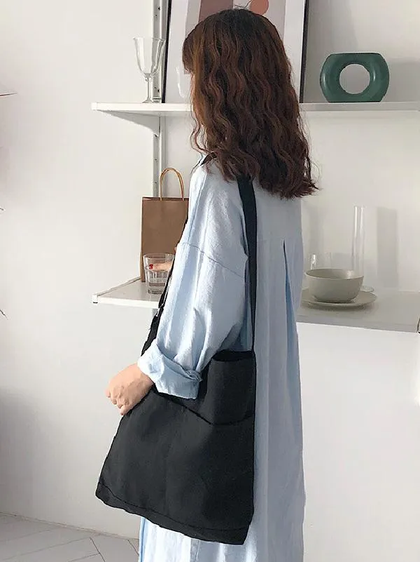 Chicmy-Simple Solid Color With-pockets Canvas Handbag