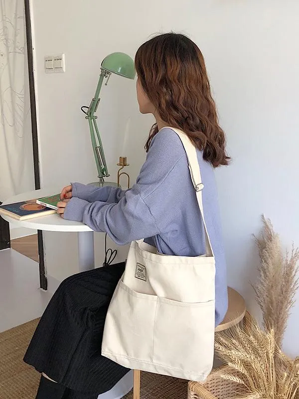 Chicmy-Simple Solid Color With-pockets Canvas Handbag