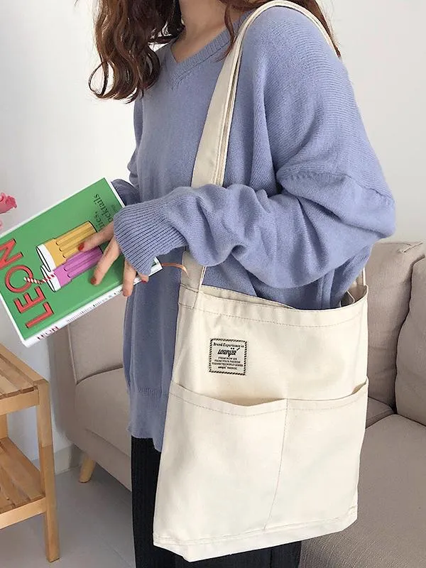 Chicmy-Simple Solid Color With-pockets Canvas Handbag